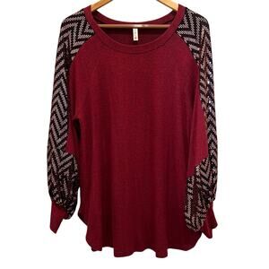 P & Rose Tunic Top Shirt Burgundy Sparkle Sleeves Sz L Wine Zig Zag Accent NEW